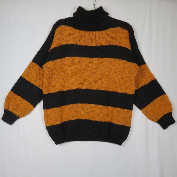 Leoniak Womens Striped‎ Turtleneck Sweater Black Orange Knit Medium - Picture 1 of 8